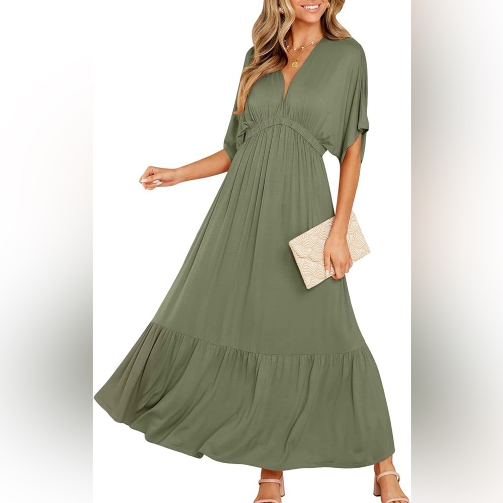 DEEP SELF Women’s Summer V-Neck Batwing Short Sleeve Green Maxi Dress Sz S